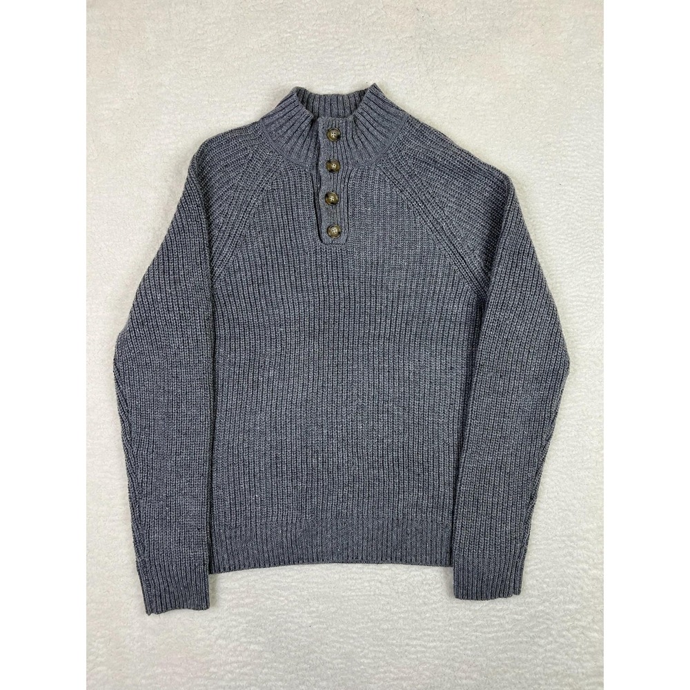 Lucky Brand Mens Medium Gray Mock Neck Chunky Knit Henley Pullover Sweater